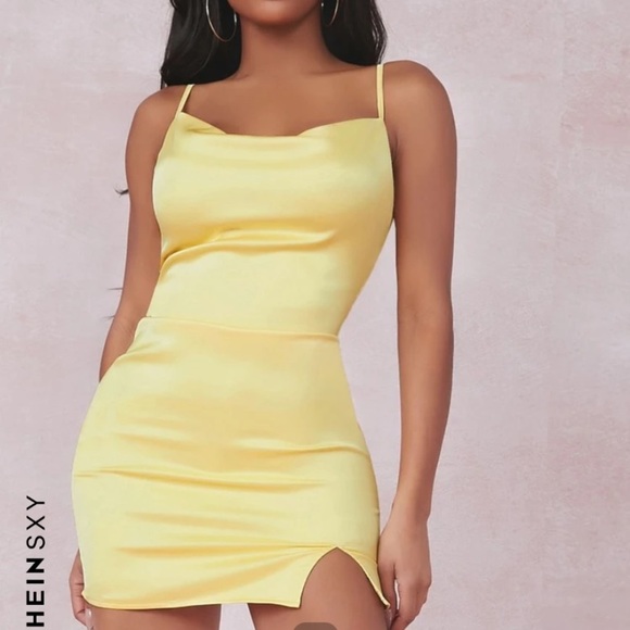 SHEIN Yellow Split Detail Satin Dress - Picture 1 of 3